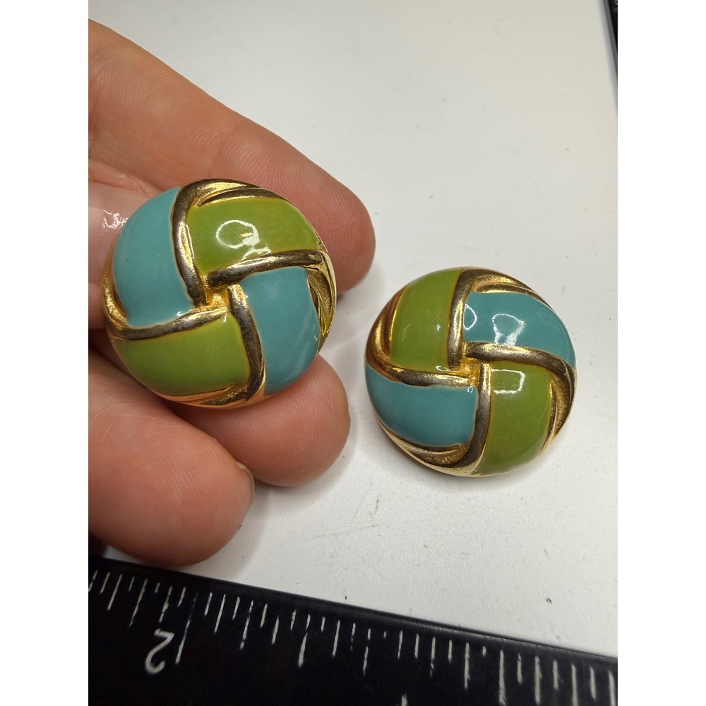 Gay Boyer Enamel Clip On Earrings Gold Tone Teal Blue Lime Green Basketweave 1"